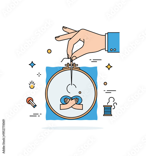 DIY embroidery projects relaxing hobby moment centered on a hand holding a needle above stretched fabric in a hoop, symbolizing mindfulness, slow living and