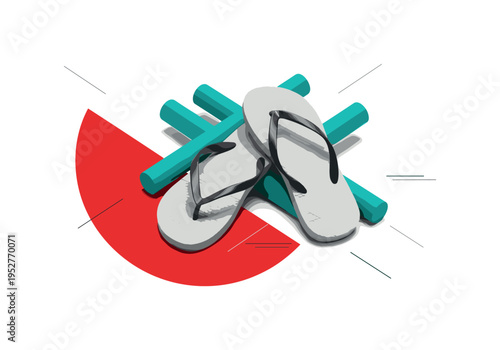 monochrome pair of flip-flops placed asymmetrically, bold red half-circle overlapping bottom edge and teal cylindrical shapes crossing diagonally, minimalist