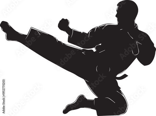 Dynamic black silhouette of a martial artist performing a powerful high flying kick, representing strength and combat sports.