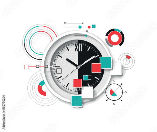 A realistic monochrome clock merging with geometric circular charts and linear diagrams, abstract blocks symbolizing productivity and time management, paper