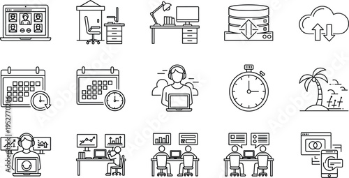 Remote work and office productivity icon set including laptop calendar support analytics cloud vector outline illustration minimalist isolated design collection