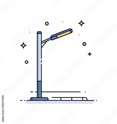 Modern LED streetlight sleek minimalist pole with bright rectangular light panel illuminating a simple sidewalk line, symbolizing efficiency and contemporary