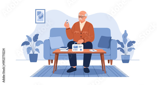 Elderly man with diabetes using insulin pen and glucose meter at home