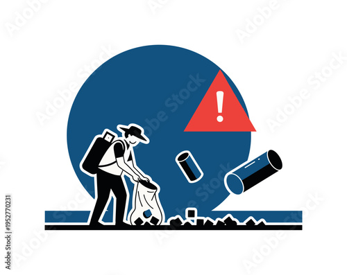 Black and white volunteer figure collecting trash on a shoreline, large deep blue circle partially hidden behind the figure, red triangle symbolizing warning