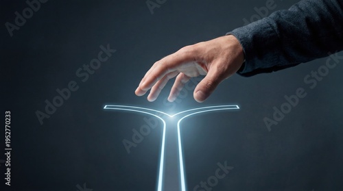 Political polarization - Close-up of a hand interacting with a glowing, floating interface showing a branching point splitting into two distinct directions.