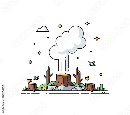Smoke rising from a deforested area with remaining stumps and small wildlife nearby, symbolizing environmental degradation and climate impact. Minimalist flat