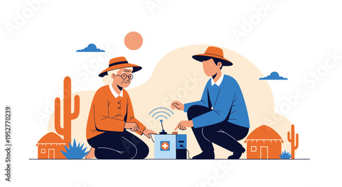 Elderly woman and young man using medical device in rural village, healthcare technology