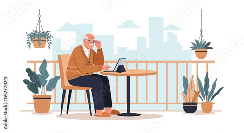 Elderly man working on a laptop on a balcony with plants and city view