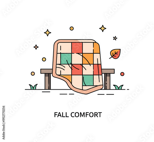 Faded quilt autumn retreat concept with a compact quilt draped over a minimal bench and a tiny leaf icon accent, conveying seasonal coziness and relaxed