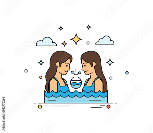 River baptism celebration of faith illustration with central water scene and subtle star accents suggesting joy and spiritual uplift. The scene symbolizes