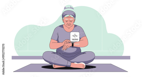 Elderly Woman Meditating with Smartwatch Tracking Heart Rate and Wellness