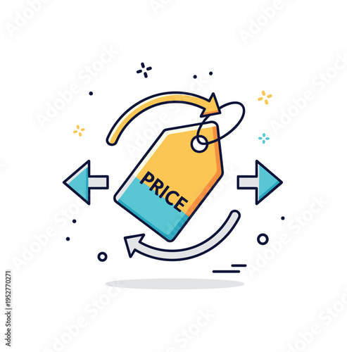 Price adjustment mechanism price tag icon rotating slightly with bidirectional arrows on each side. A symbolic editorial illustration about flexible pricing