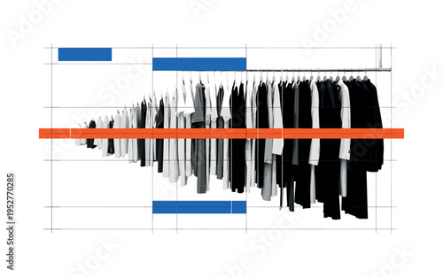 Black and white closet rail with garments sorted by length forming visual gradient, bright orange horizontal bar marking midpoint, blue rectangular accents