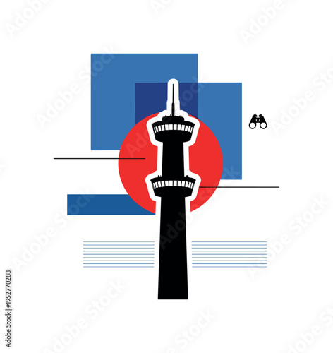 Black and white tall watchtower silhouette rising vertically in the center, bold red circle placed behind the observation deck like a dramatic sun, abstract