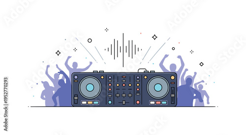 DJ set performance sleek controller with glowing buttons at the center and subtle sound waves expanding outward toward dancing silhouettes, symbolizing live