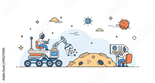 A futuristic rover collecting samples on a distant planet?s surface with scientists analyzing data remotely, illustrating exploration, astrobiology research,