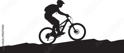 Mountain biker silhouette climbing uphill trail. Active cyclist with helmet and backpack, vector illustration of outdoor sport and adventure.