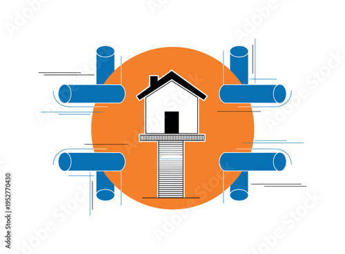 Black and white minimalist house icon resting freely on a single balanced coin, bold orange circle framing the house, blue cylindrical forms anchoring corners,