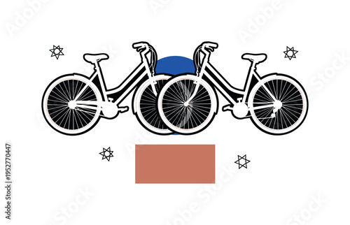 Black and white two bicycles leaning against each other, bold cobalt circular accent highlighting intersection point, muted terracotta rectangular block