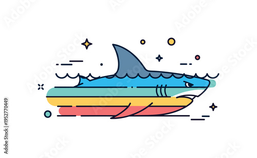 Underwater ambush shark shape emerging from simplified ocean layers with only dorsal fin and sharp eye visible, symbolizing hidden strength and calculated