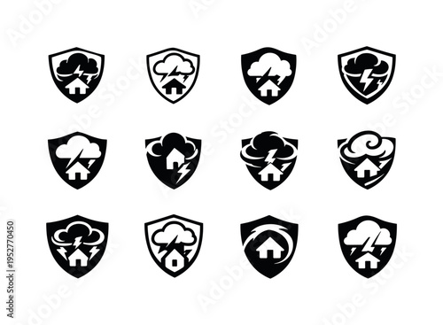 storm shelters. Icon set. Set Logo of storm shelters: shield against storm. harmonious logo variations of the same emblematic concept, each with different