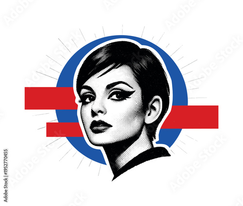 Black and white halftone portrait of a woman with dramatic retro makeup and bold eyeliner, close-up face rendered in vintage print texture, strong white