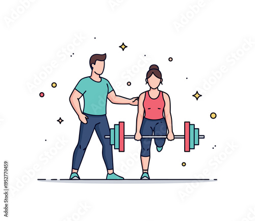 Fitness coach personal training session with deadlift exercise shown as a confident trainer standing beside a client mid lift with balanced stance and bent