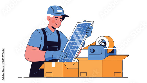 Solar Panel Installation: An industrious technician meticulously handles a solar panel, showcasing the hands-on process of clean energy integration, boxes surrounding him.