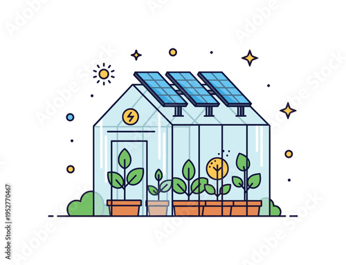 Sustainable greenhouse powered by solar energy illustrated by a small glass greenhouse structure with rooftop panels and bright plant icons inside. The scene