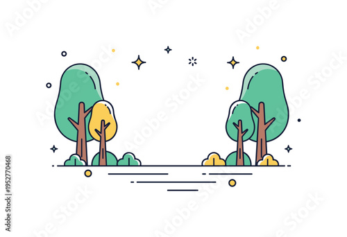 Peaceful woodland clearing illustration showing a simple open space framed by rounded trees, conveying openness, balance, and harmony in nature. Gentle