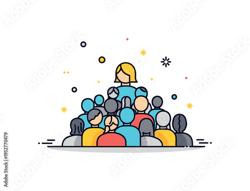 Feeling alone in a crowd concept featuring a central figure surrounded by small abstract shapes that face away, symbolizing invisibility, longing for