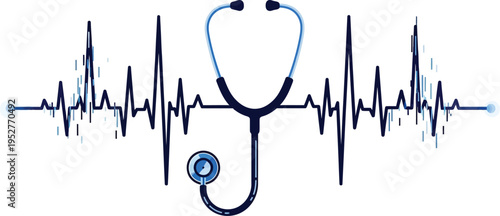 Stethoscope on a heartbeat ecg monitor background