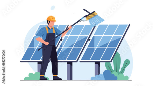 Solar Panel Cleaning: A worker meticulously cleans solar panels with a long brush, highlighting sustainable energy maintenance in action. 