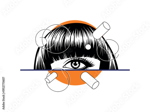 Black and white stylized eye peeking under freshly cut blunt bangs, bright orange circular halo behind the eye, thin navy horizontal line grounding the