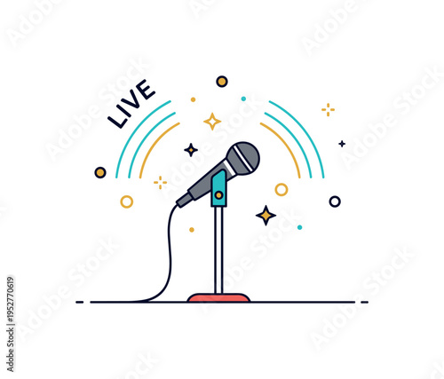Live music nightlife concept centered on a microphone stand with subtle spotlight arcs and tiny star details suggesting performance energy. The clean
