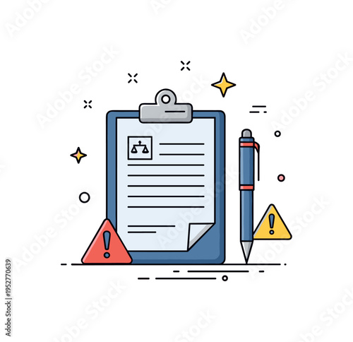 Legal liability with a clipboard, pen, and small warning symbols, conveying contract obligations, risk awareness, and careful documentation. Minimalist flat