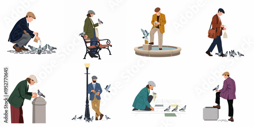 Set of diverse people in vintage attire feeding pigeons in various urban settings, featuring flat illustrations of men and women interacting with city birds.