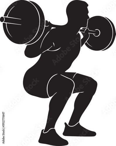 Male silhouette performing barbell back squat, a classic strength training exercise for fitness and muscle building.