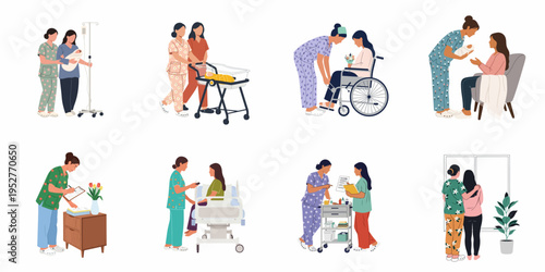 Set of illustrations depicting nurses providing maternity and postpartum care to mothers and their newborns in a hospital setting.