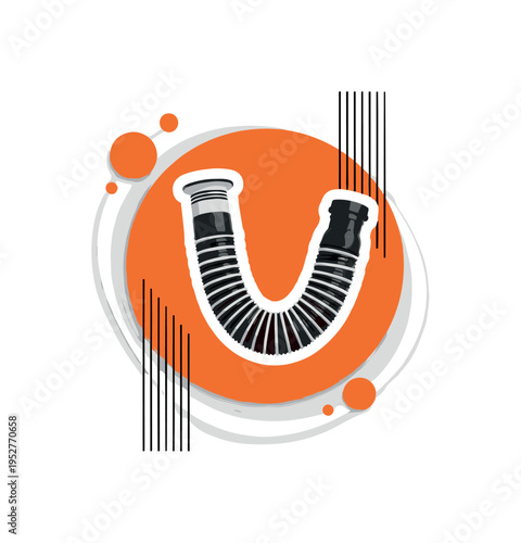 Black and white flexible drain hose forming dynamic curve, highlighted by a bold orange circular backdrop and minimal vertical line accents, white cut-out