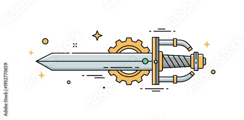 Steampunk sword design featuring a sleek blade combined with gear shaped guard and subtle pipe details along the hilt to suggest fusion of elegance and
