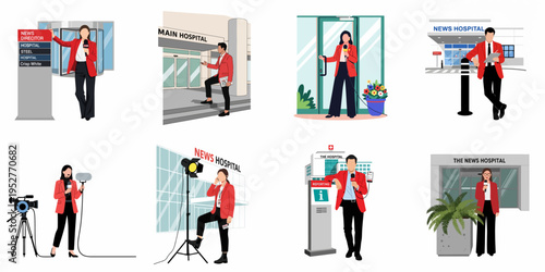 Collection of news reporters in red blazers reporting live outside a hospital building with various broadcasting equipment and signs.
