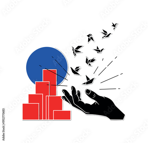 Black and white open palm releasing seeds that transform into abstract geometric plants, concentric circles expanding from the ground, bold green and deep blue