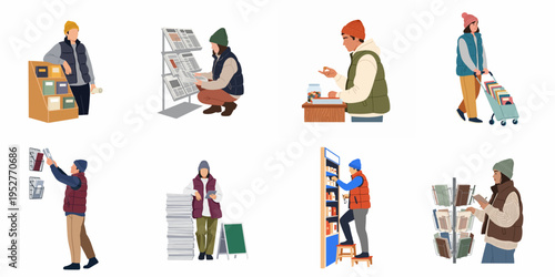 Set of flat vector illustrations depicting people shopping for books, reading newspapers, and working in a library or bookstore setting.