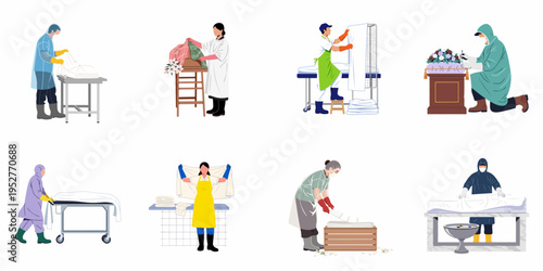 Set of mortuary and funeral service workers in protective clothing preparing bodies and linens for burial ceremonies, flat vector illustrations on white.