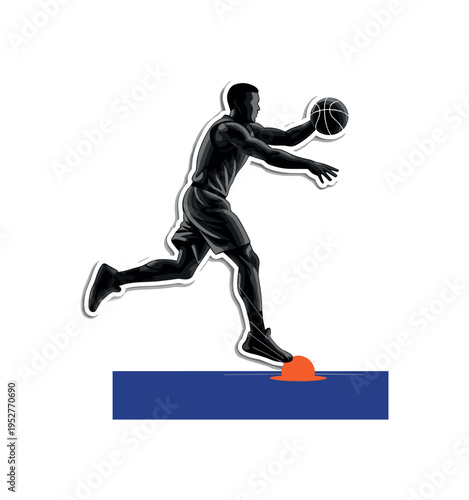 Black and white athlete bouncing ball before free throw, bold bright orange circular accent highlighting bounce point, deep cobalt rectangular platform
