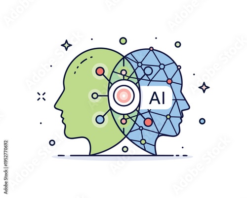 Human and AI symbiosis visual metaphor centered on two overlapping profiles, one organic and one geometric, connected by small data dots and a shared glowing