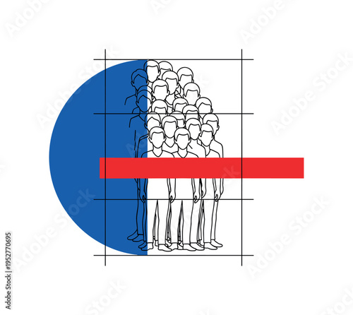 Black and white outline of multiple human figures merging into single bold shape representing class action unity, oversized cobalt blue semicircle intersected