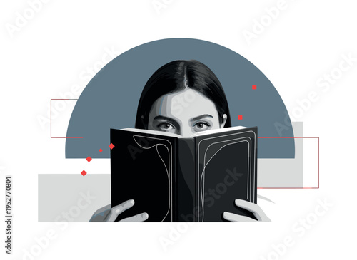 Black and white portrait fragment of a face partially covered by bold blue rectangular block, thin red horizontal line crossing at eye level to represent