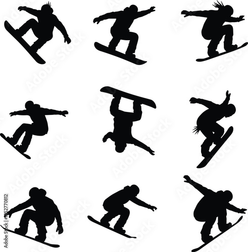 Dynamic silhouettes of snowboarders performing aerial tricks and freestyle maneuvers in winter sports action, extreme snowboarding stunts collection isolated on white background for design